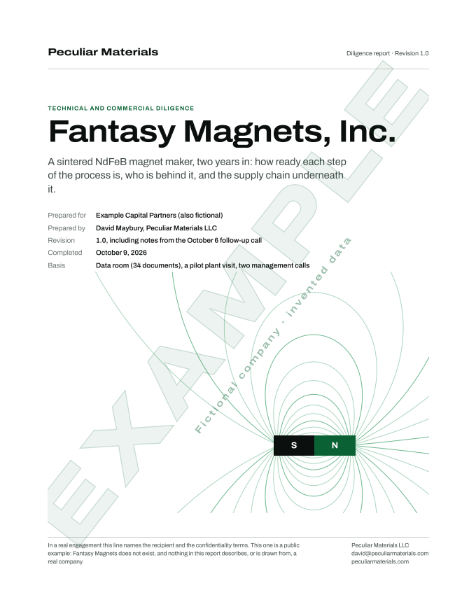 Cover of the example report: Fantasy Magnets, Inc., technical and commercial diligence, watermarked EXAMPLE