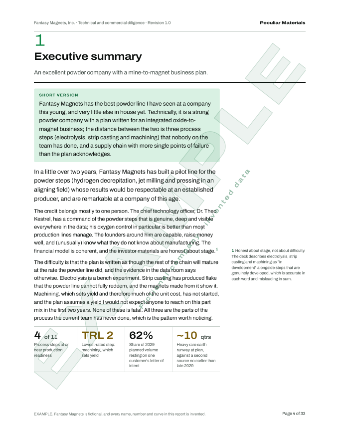 Executive summary page with a short-version verdict box and four key numbers